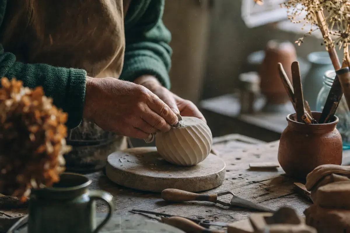 Les mains d'un artisan sarthois façonnant une pièce dans son atelier